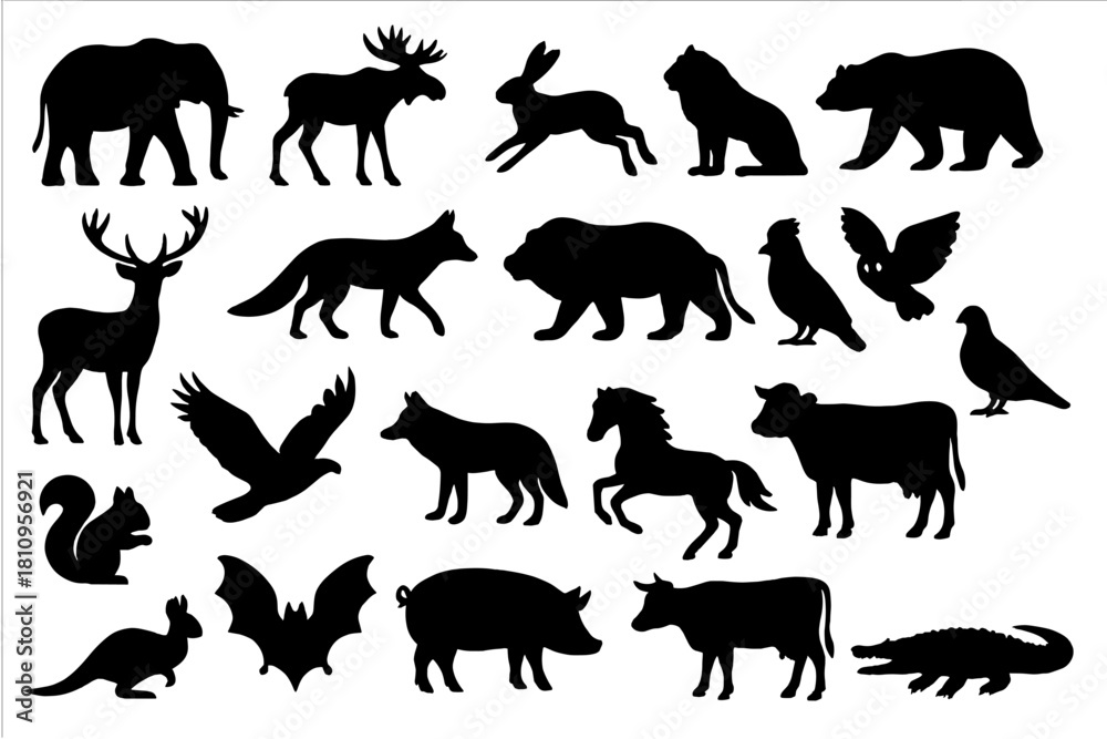 Naklejka premium Diverse collection of animal silhouettes including elephant, moose, bear, deer, fox, lion, eagle, pig, and cow