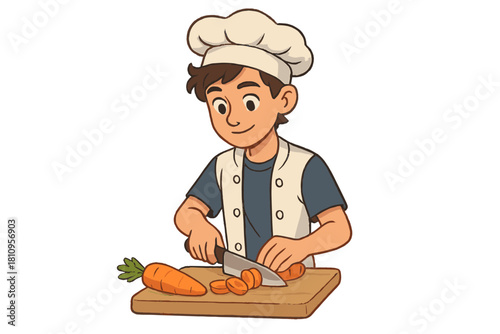 Young smiling chef wearing a toque chopping fresh carrots on a wooden cutting board