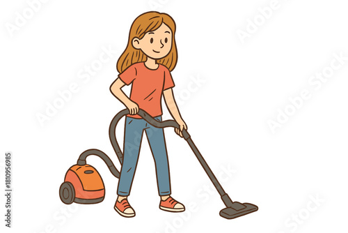 Smiling young woman vacuuming the floor while performing household chores