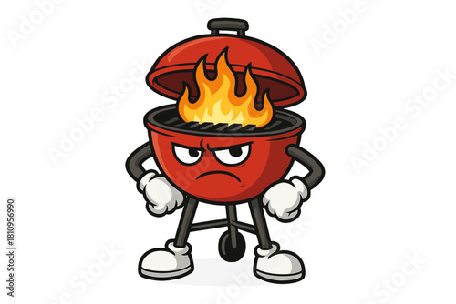 Furious red charcoal barbecue grill mascot standing aggressively with hands on hips