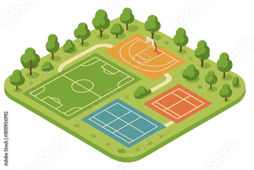 Outdoor multi-sport complex layout with soccer field, basketball court, and tennis courts in a green park