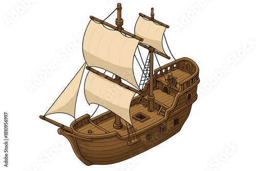 Classic wooden sailing ship with tall masts and rigging isolated on a clean white background