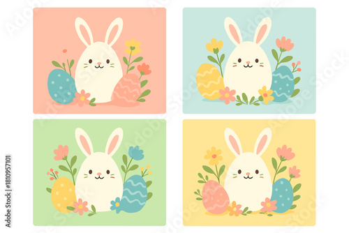 Cute Easter bunny character surrounded by decorative eggs and spring flowers in a pastel color palette