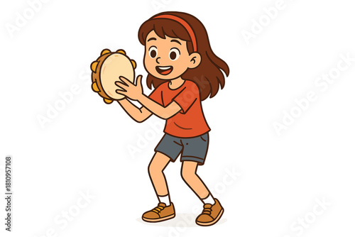 Cheerful young girl playing a musical tambourine instrument with enthusiasm and joy