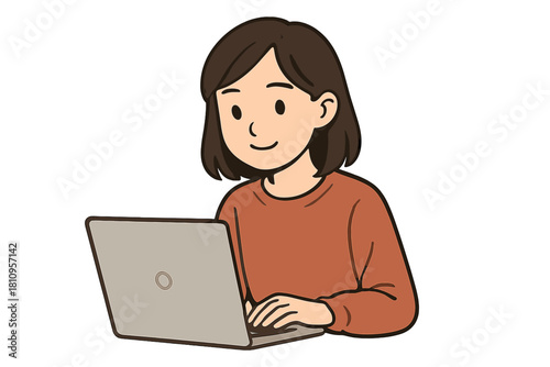 Smiling young woman working on a laptop computer keyboard isolated on white background