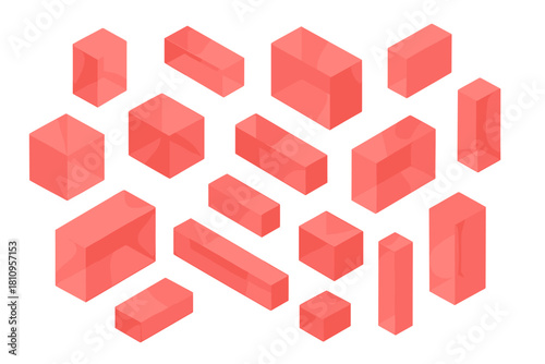 Abstract geometric pattern of various isometric translucent coral blocks scattered randomly