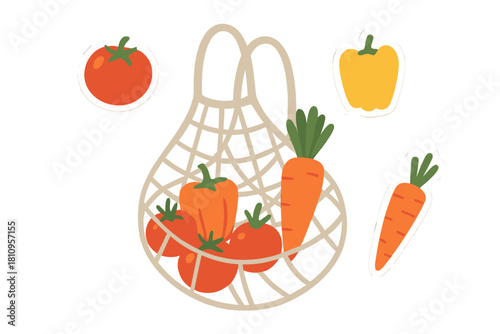 Fresh organic vegetables in reusable string bag for healthy sustainable shopping