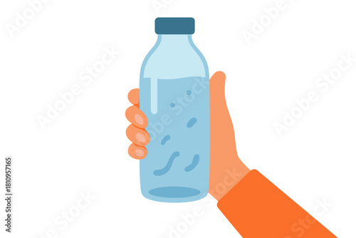 Hand gripping a clear reusable bottle filled with fresh clean drinking water for daily hydration