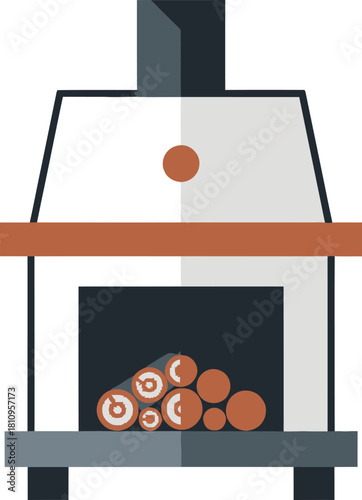 A flat design illustration of a modern fireplace with a chimney, mantelpiece, and stacked logs inside the firebox.