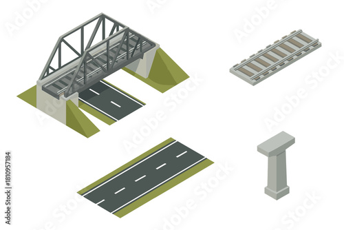 Isometric set of transportation infrastructure elements including a metal truss bridge, railroad tracks, and road segments