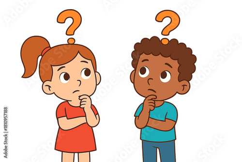 Two diverse young children thinking deeply with question marks floating above their heads