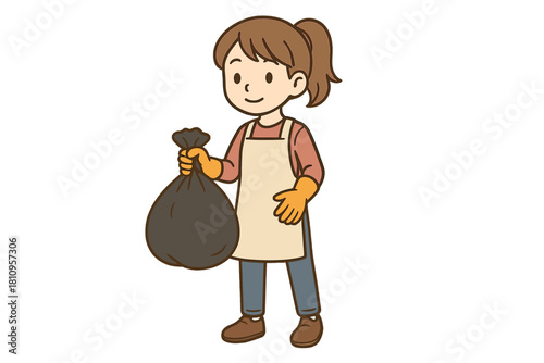 Smiling young woman wearing gloves and apron holding a tied black trash bag