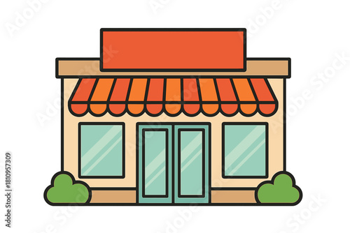 Simple cartoon storefront building with striped awning and blank sign space