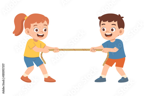 Energetic boy and girl playing tug of war, physical activity and childhood game