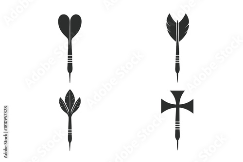 Four black silhouette darts featuring heart, wing, leaf, and cross flights for gaming symbols