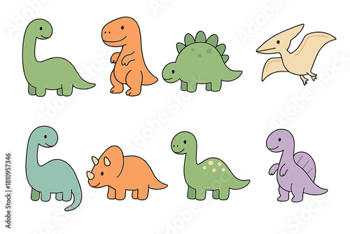 Cute collection of various dinosaur species including T-Rex, Triceratops, and Pterodactyl