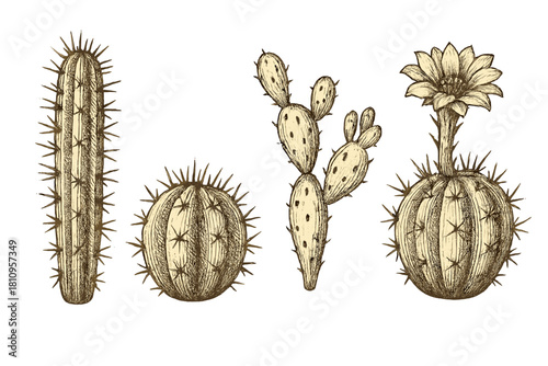 Desert succulent plants set including prickly pear, barrel, and columnar cacti in vintage style