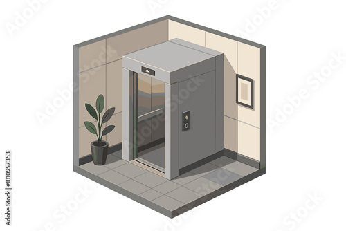 Modern building elevator entrance in isometric view with potted plant and tiled floor