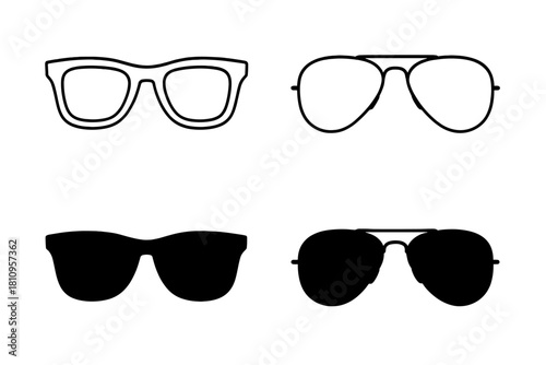 Modern and classic sunglasses styles including aviator and wayfarer shapes in outline and silhouette