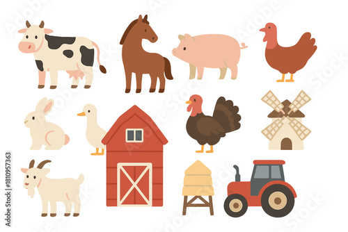 Collection of cute domestic farm animals and agricultural elements like barn, tractor, and windmill
