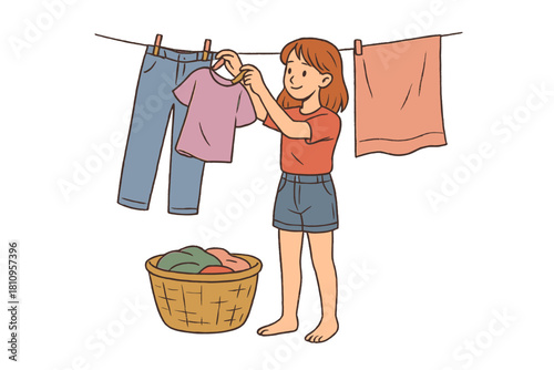 Smiling young woman hanging freshly washed laundry on an outdoor clothesline