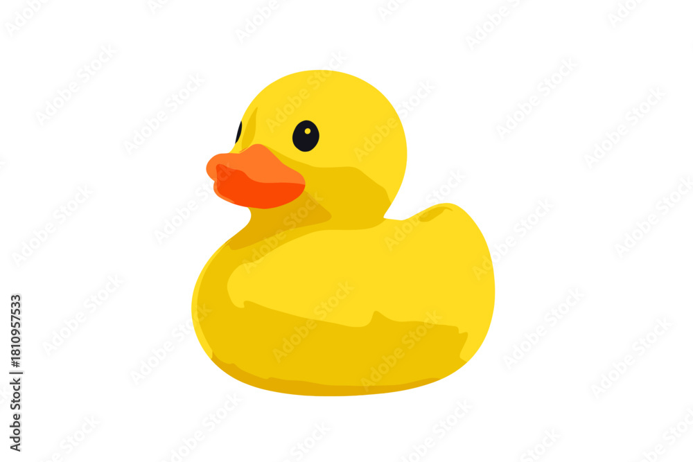 Fototapeta premium Classic yellow rubber duck bath toy with orange beak and black eyes isolated on white