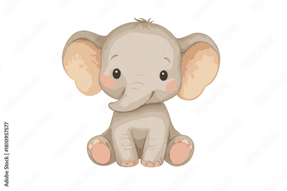 Fototapeta premium Sweet little baby elephant sitting down with a smiling face and large floppy ears