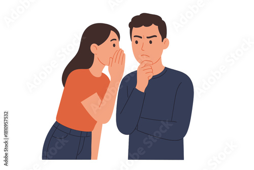 Woman sharing a secret or gossip with a skeptical man who is listening intently