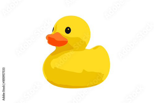 Classic yellow rubber duck bath toy with orange beak and black eyes isolated on white