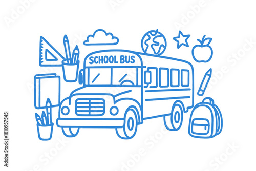 Classic yellow school bus surrounded by essential learning materials for education