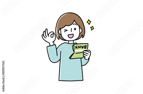 通帳を片手にOKポーズをする女性のイラスト