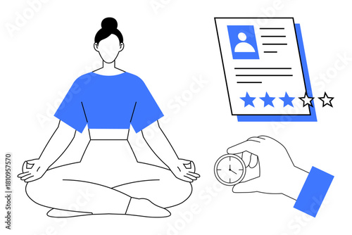 Woman meditating in lotus pose, performance chart with checklist and star rating, hand holding stopwatch. Ideal for wellness, productivity, time management, stress relief, evaluation, mindfulness