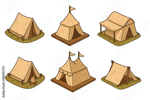 Isometric collection of camping tents and medieval pavilions for outdoor adventure