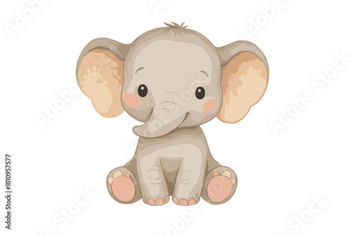 Sweet little baby elephant sitting down with a smiling face and large floppy ears