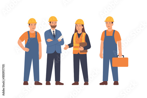 Diverse team of construction professionals including foreman, engineer, and laborers standing together