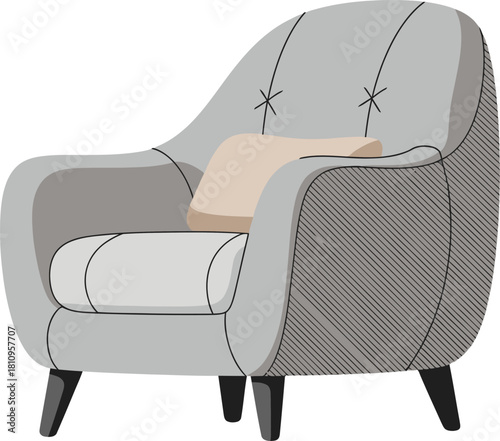 A stylish grey upholstered armchair with a beige cushion and dark wooden legs, isolated on a white background.