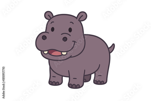 Cute baby hippopotamus cartoon character standing and smiling with an open mouth