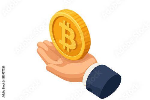 Hand presenting a shiny gold coin representing digital payment and decentralized financial transactions