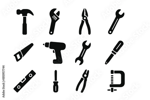 Black silhouette icons of hand tools and power equipment for repair and maintenance services