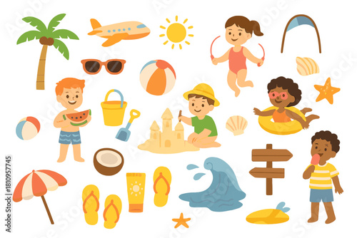 Summer beach essentials set and joyful kids enjoying tropical vacation activities