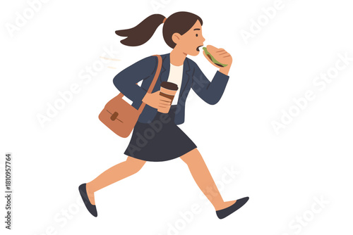 Busy professional woman rushing, running, eating sandwich and drinking coffee on the go
