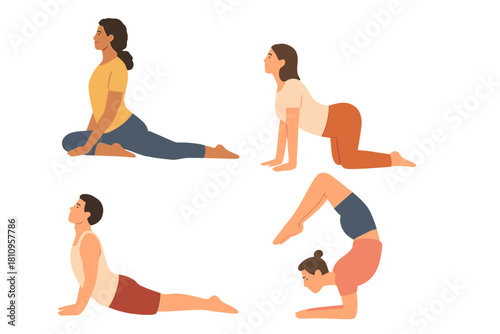 Diverse group of people demonstrating various yoga poses and stretching exercises for fitness and wellness
