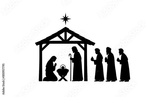 Christmas Nativity scene silhouette showing Holy Family and Three Wise Men