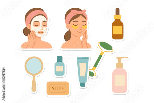Women applying facial treatments and cosmetic products for beauty and skincare routine