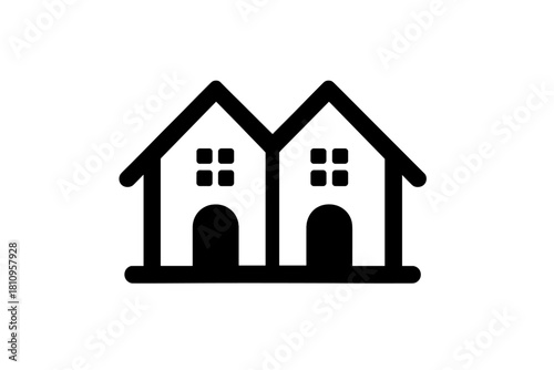 Simple black and white icon depicting neighboring homes and residential buildings