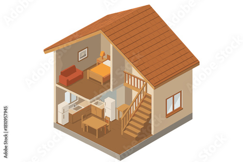 Isometric cross section of a two-story house showing interior layout and furniture placement