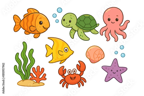 Happy cartoon sea animals set including fish, turtle, octopus, crab, and starfish characters