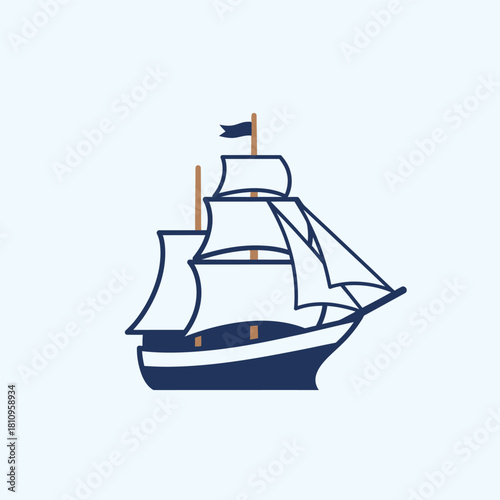 Illustration of a classic sailing ship with white sails and a dark blue hull on a light blue background.