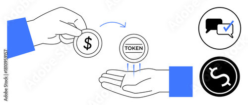 Hands exchanging dollar coin and digital token, verified chat icon, and secure transaction graphic. Ideal for cryptocurrency, finance, blockchain, messaging, token economy, exchanges secure payment