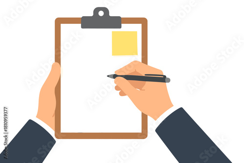 Hands holding a clipboard with blank paper and sticky note while writing or checking a document
